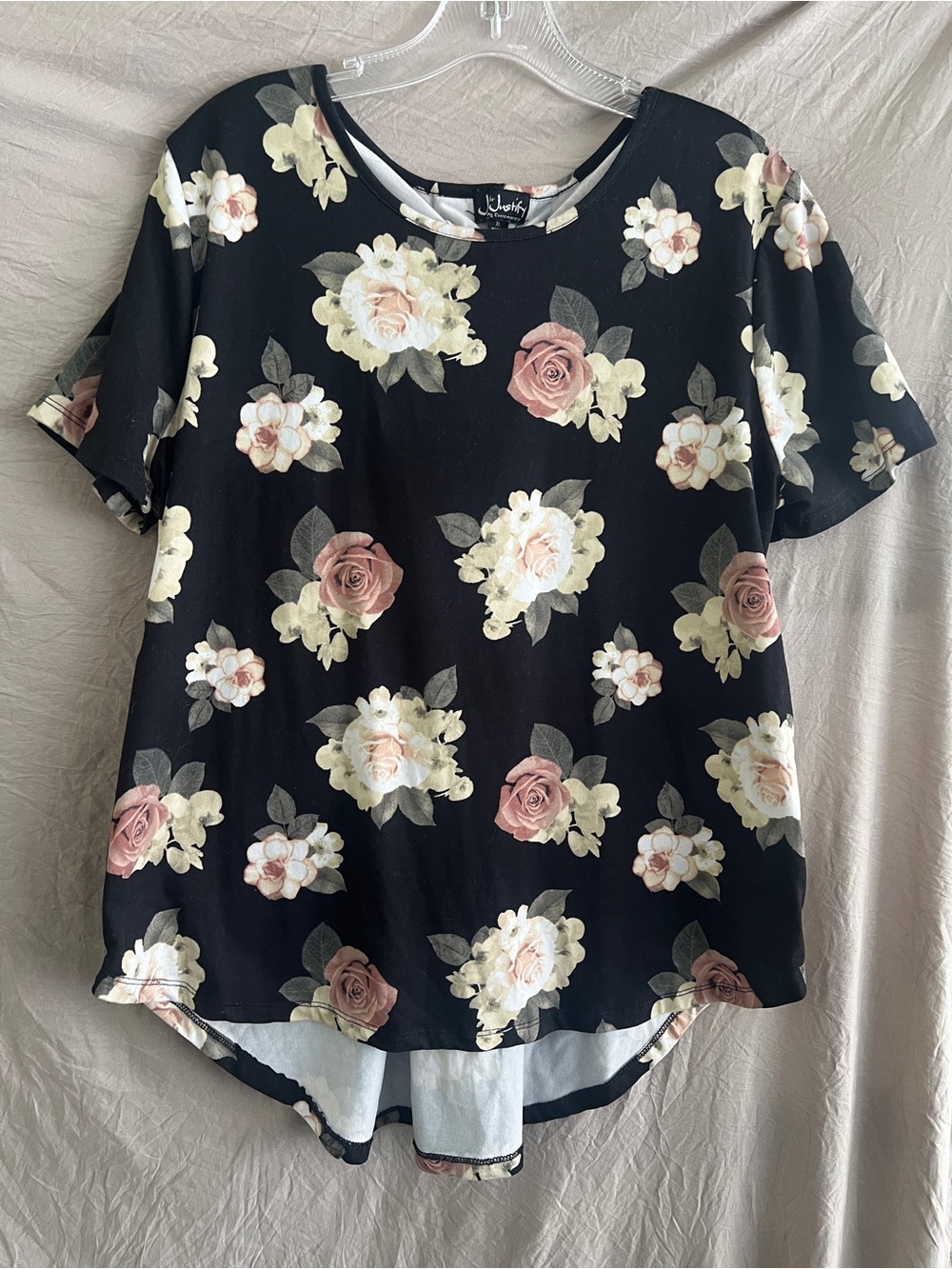 J for Justify Black Short Sleeve Tee with Pink and Cream Floral Print